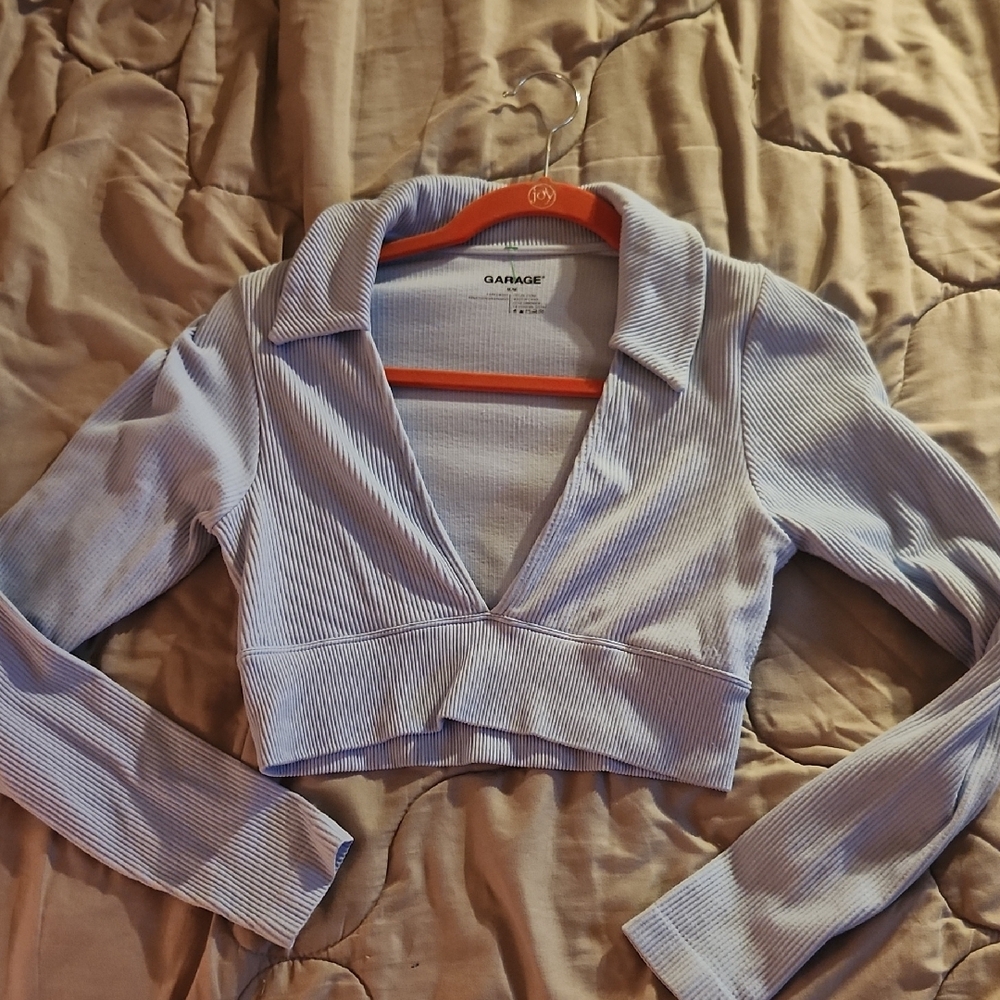 Garage Women's Light Blue Ribbed V-Neck Top